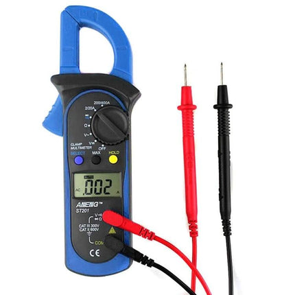 ANENG Digital Clamp Multimeter for AC and DC Measurements - blue clamp multimeter with probes measuring 0.02A