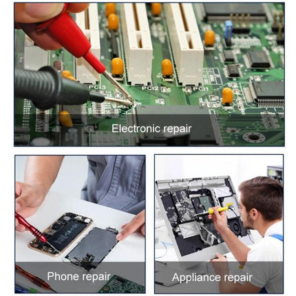 ANENG Digital Clamp Multimeter for AC and DC Measurements used by technician testing circuit board and repairing phone and appliance