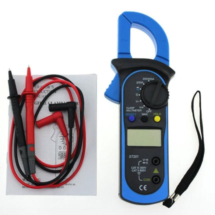 ANENG Digital Clamp Multimeter for AC and DC Measurements showing blue clamp meter with probes and manual