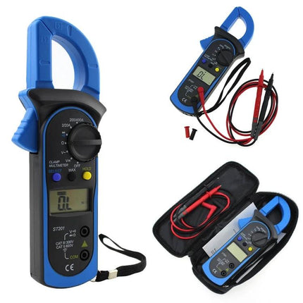 ANENG Digital Clamp Multimeter for AC and DC Measurements showing clamp design, LCD, rotary dial and test leads in carrying case