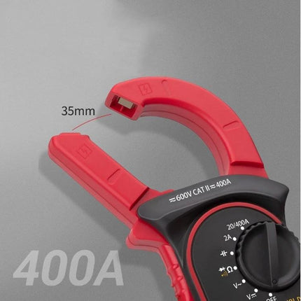ANENG Digital Clamp Multimeter for AC and DC Measurements showing red clamp open for 35mm conductors and 400A rating