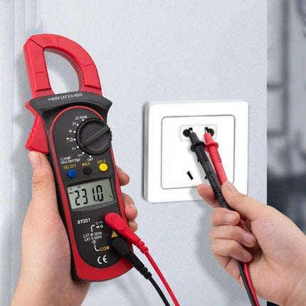 ANENG Digital Clamp Multimeter for AC and DC Measurements measuring outlet voltage with clamp and probes held by technician