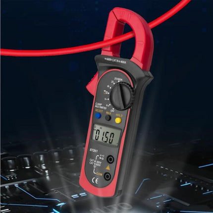 ANENG Digital Clamp Multimeter for AC and DC Measurements showing clamp meter measuring live red wire with LCD display and rotary dial