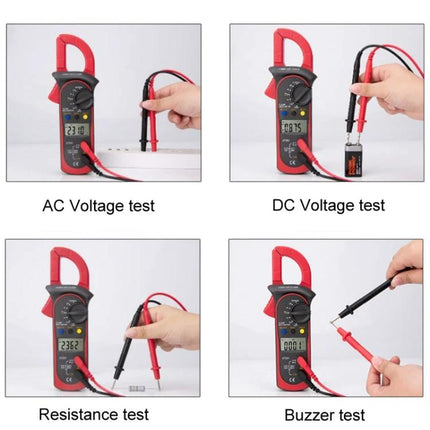 ANENG Digital Clamp Multimeter for AC and DC Measurements showing AC, DC, resistance and continuity tests with clamp and probes