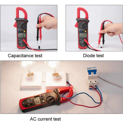 ANENG Digital Clamp Multimeter for AC and DC Measurements showing capacitance, diode and AC current tests with clamp and probes
