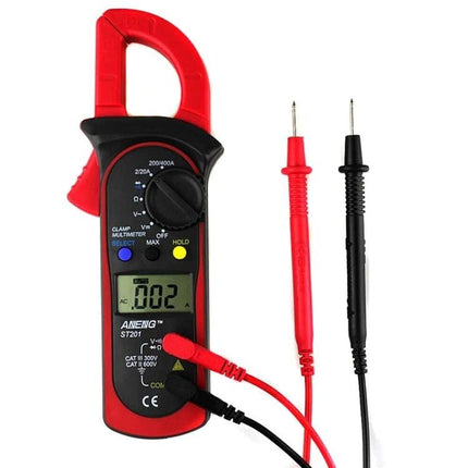 ANENG Digital Clamp Multimeter for AC and DC Measurements showing clamp, display reading and red/black test probes