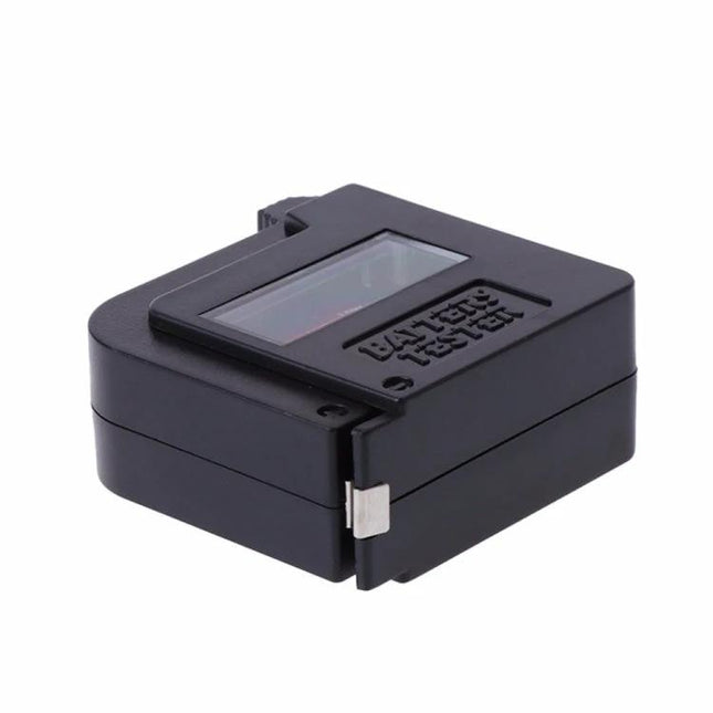 Portable Analog Battery Tester for 9V and 1.5V Cells compact black handheld tester with analog meter for travel and electronics, 55x52x23mm