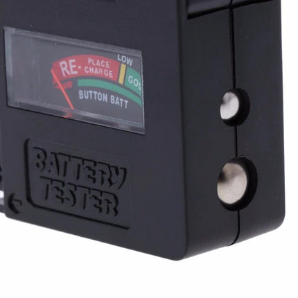 Portable Analog Battery Tester for 9V and 1.5V Cells compact black tester with analog gauge and button cell contacts