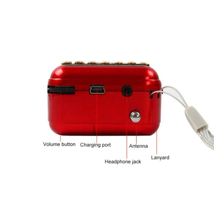Rechargeable Portable FM Radio with Music Player Support - compact red unit with volume button, charging port, headphone jack, antenna and lanyard