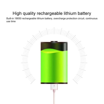 Rechargeable Portable FM Radio with Music Player Support showing high quality rechargeable lithium battery and USB charging icon