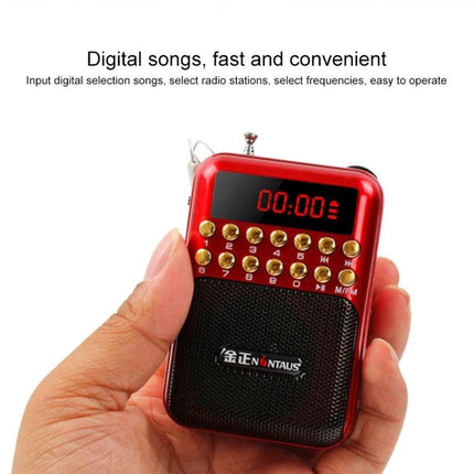 Rechargeable Portable FM Radio with Music Player Support - compact red handheld FM radio with digital display, USB/TF playback and built-in rechargeable battery
