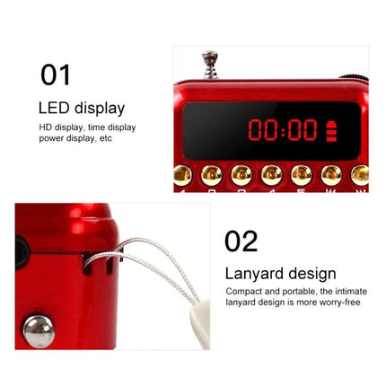 Rechargeable Portable FM Radio with Music Player Support compact red model with LED display and lanyard design