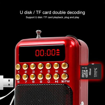 Rechargeable Portable FM Radio with Music Player Support red compact unit showing USB and TF card playback