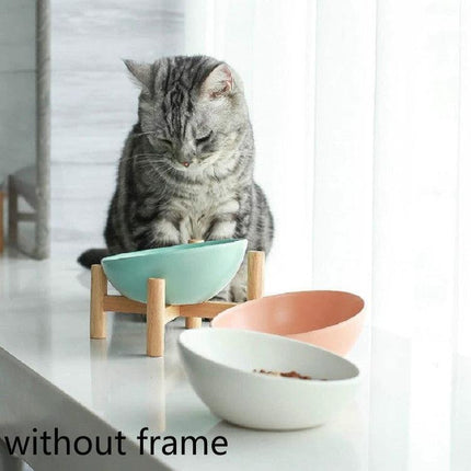 Essential Ceramic Pet Food Bowl for Home Mealtime – tilted ceramic bowl on wooden stand with gray tabby cat eating, anti-spill design