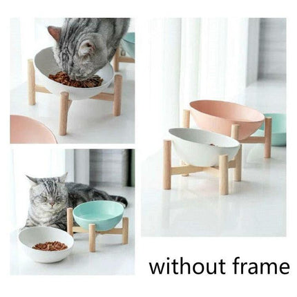 Essential Ceramic Pet Food Bowl for Home Mealtime on wooden stand, tilted ceramic bowl reduces mess and eases pet neck strain