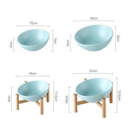 Essential Ceramic Pet Food Bowl for Home Mealtime - tilted ceramic bowl with wooden stand, multiple sizes and dimensions shown