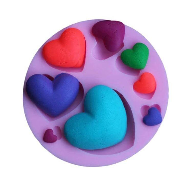 Love Pattern Silicone Cake Mold For Fondant Decorations, 2-Piece — purple round two-piece mold with multi-size heart cavities for fondant accents