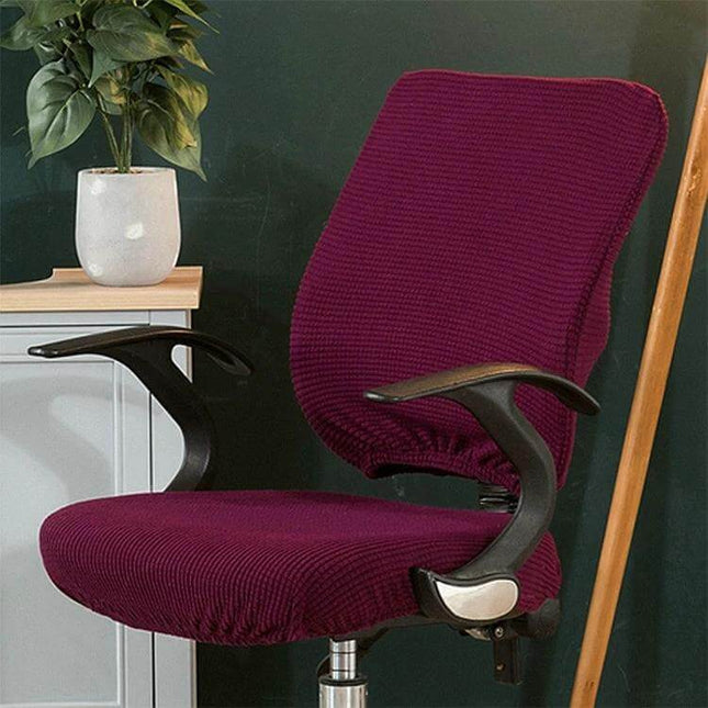 Corn Velvet Split Back and Seat Office Chair Cover in deep burgundy on ergonomic desk chair protecting fabric and resisting spills