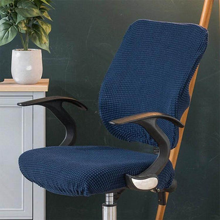Corn Velvet Split Back and Seat Office Chair Cover in navy blue textured stretch fabric protecting chair from spills and wear