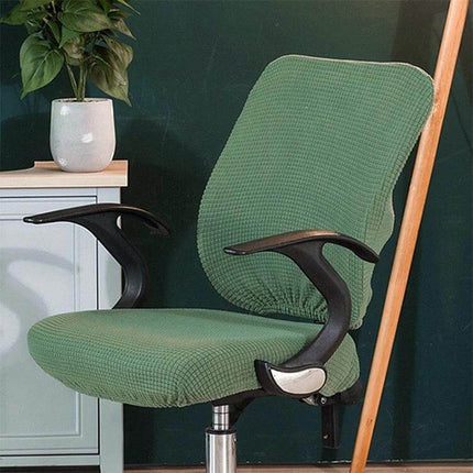 Corn Velvet Split Back and Seat Office Chair Cover on green office chair protecting seat and back from wear and spills