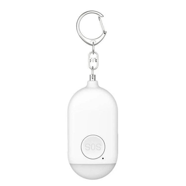 Rechargeable Personal Safety Alarm with Flashlight for Daily Protection compact white keychain SOS siren and flashlight, rechargeable personal safety device
