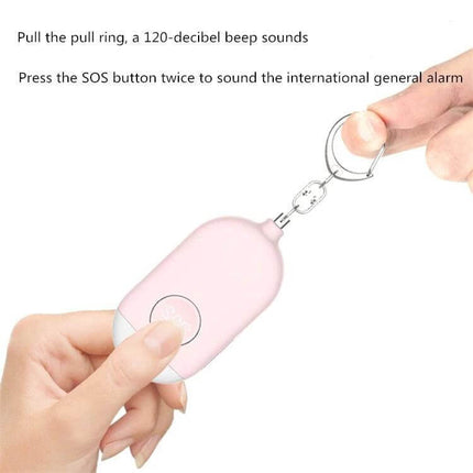 Rechargeable Personal Safety Alarm with Flashlight for Daily Protection compact pink keyring siren and SOS button shown being pulled and held