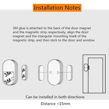 Door and Window Security Alarm for Home Entry Protection - installation diagram showing 3M adhesive placement, magnet alignment and <15mm gap