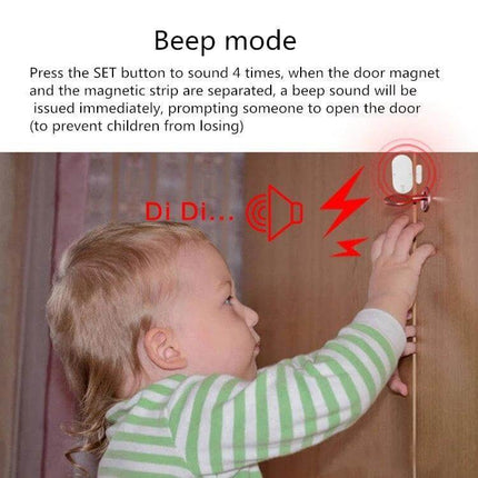 Door and Window Security Alarm for Home Entry Protection mounted on door showing beep mode alerting when child reaches for handle