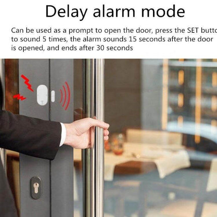 Door and Window Security Alarm for Home Entry Protection on glass door showing delay alarm mode and compact sensor 65x34x16.5 mm