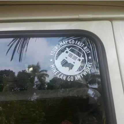 Yours May Go Fast Mine Can Go Anywhere Vinyl Decal for Cars, 15x15cm on vehicle window showing off-road vehicle graphic and circular design