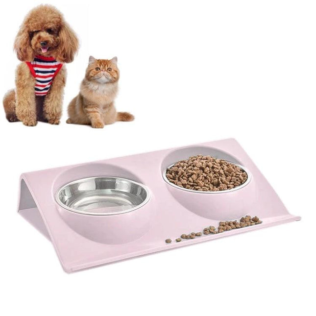 A Practical Pet Bowl for Everyday Home Feeding Sessions in pink anti-spill design with stainless steel insert, shown with dog and cat