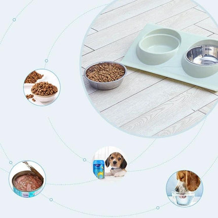 A Practical Pet Bowl for Everyday Home Feeding Sessions - anti-spill plastic and stainless steel double bowl on mat