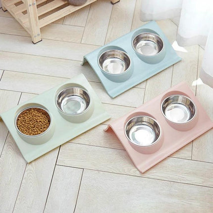 A Practical Pet Bowl for Everyday Home Feeding Sessions - anti-spill stainless steel and plastic double bowl set in pastel colors