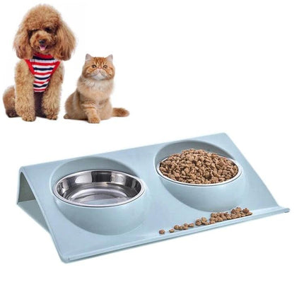 A Practical Pet Bowl for Everyday Home Feeding Sessions - anti-spill dual bowl with stainless steel insert for cats and dogs