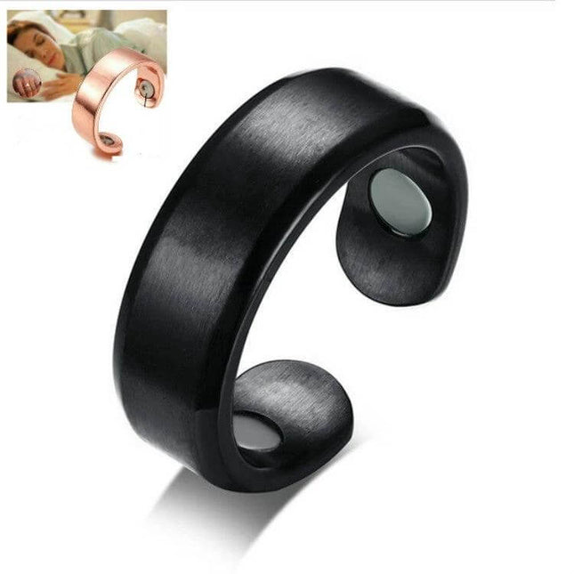 Acupressure Anti Snore Ring For Better Sleep And Breathing - black magnetic acupressure ring shown with inset of person sleeping
