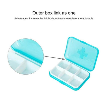 Mini 6 Slot Portable Pill Organizer For Vitamins Daily Use – compact turquoise 6-compartment pill box with one-piece outer lid, 9 x 6 x 2 cm for travel and daily use