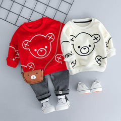 Fleece Pullover and Pants Set for Kids with Cute Bear Design - Autumn/Winter Long Sleeve Outfit