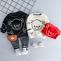 Fleece Pullover and Pants Set for Kids with Cute Bear Design - Autumn/Winter Long Sleeve Outfit