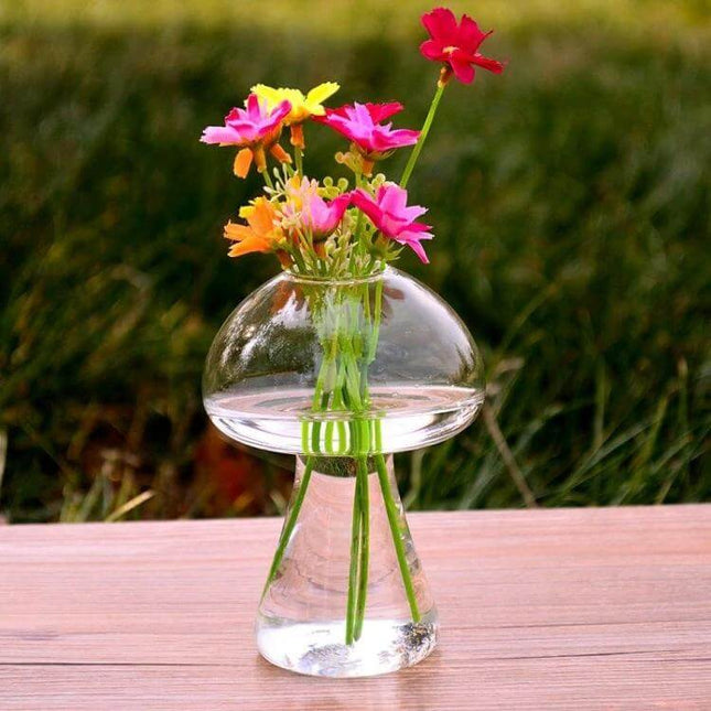 Mushroom Shaped Glass Vase 10x15cm For Home Decor Display clear mushroom-shaped glass vase with bright wildflowers on a desk or shelf