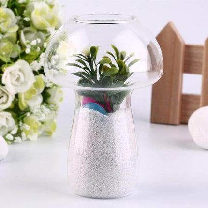 Mushroom Shaped Glass Vase 10x15cm For Home Decor Display - clear mushroom-shaped glass vase with small greenery for desk or shelf