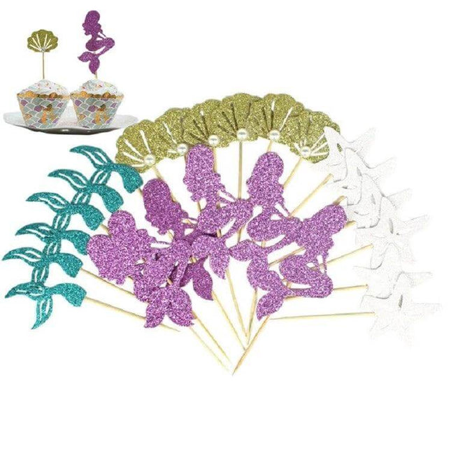 Mermaid Princess Cupcake Insert Cards Set For Parties 24 Pieces – glitter mermaid, tail, shell cupcake toppers for birthday and party desserts