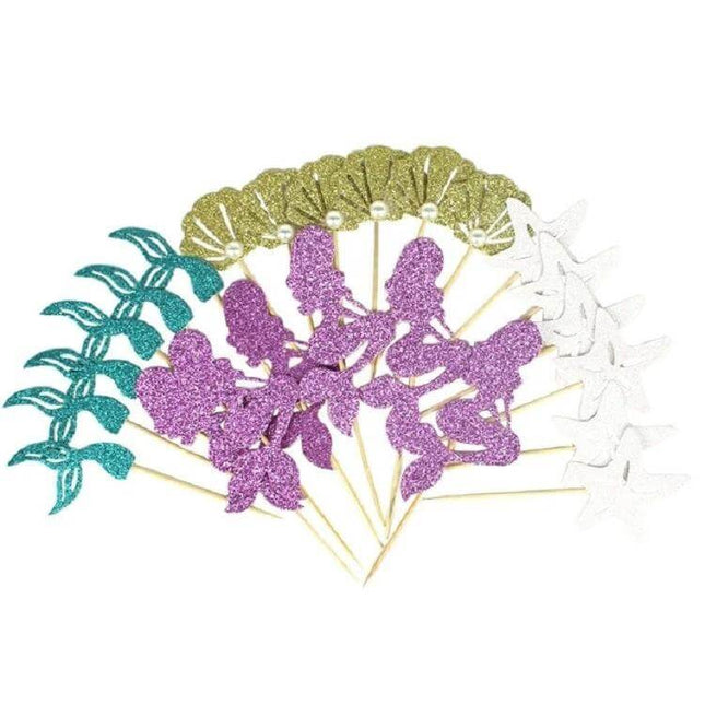 Mermaid Princess Cupcake Insert Cards Set For Parties 24 Pieces - glitter mermaid, tail, shell and starfish cupcake toppers for birthday parties