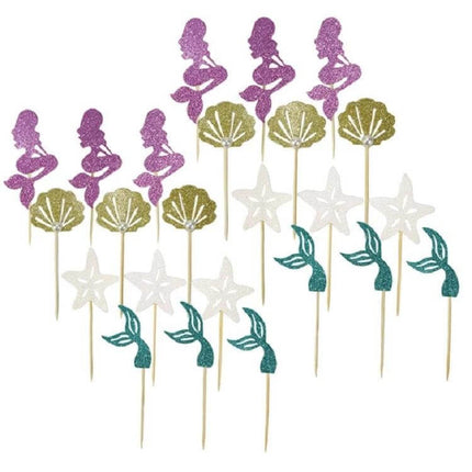 Mermaid Princess Cupcake Insert Cards Set For Parties 24 Pieces - glitter mermaid, shells, starfish and tails cupcake toppers for birthdays and parties
