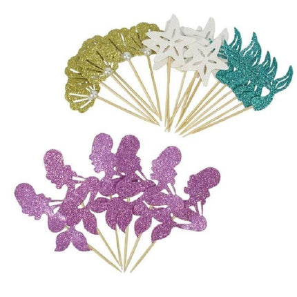 Mermaid Princess Cupcake Insert Cards Set For Parties 24 Pieces - glitter mermaid, starfish, shell and silhouette cupcake toppers for birthday parties