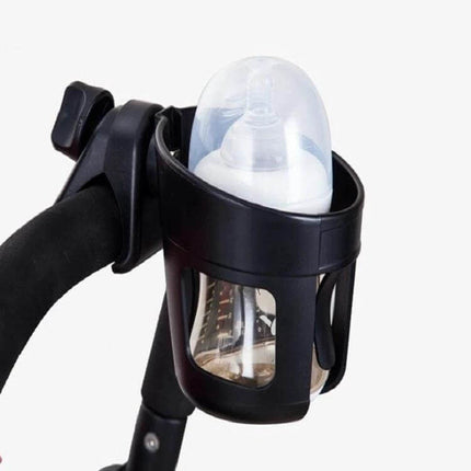 Universal Stroller Cup Holder for Most Carriages and Bottles mounted on stroller handle holding baby bottle securely