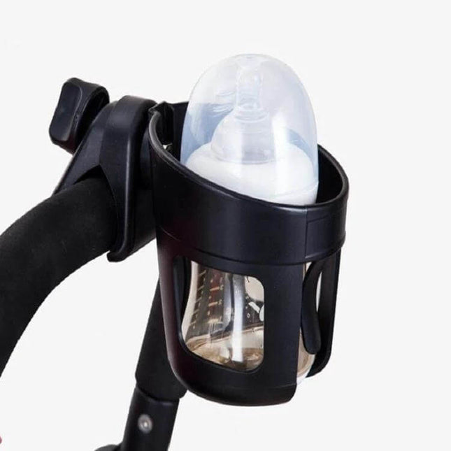 Universal Stroller Cup Holder for Most Carriages and Bottles mounted on stroller handle holding baby bottle securely