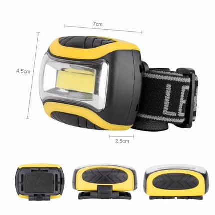 Outdoor Headlamp With COB LED For Camping And Hiking - compact yellow-black COB headlamp with adjustable strap, 180° beam, AAA battery powered, dimensions shown