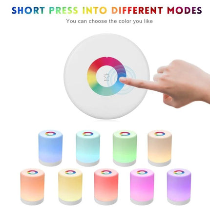 Compact Bedside LED Light for Evening Relaxation at Home - round portable touch LED showing color modes on nightstand