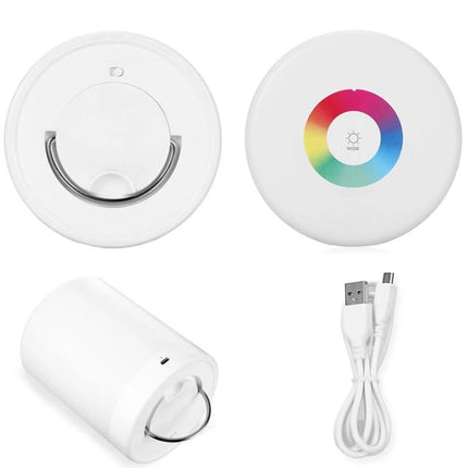 Compact Bedside LED Light for Evening Relaxation at Home - round portable touch-control LED with color wheel and USB cable