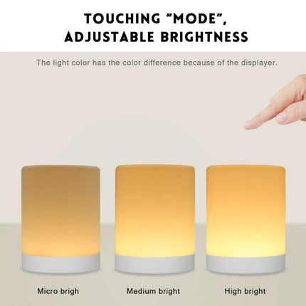 Compact Bedside LED Light for Evening Relaxation at Home - round portable touch lamp showing micro, medium, high brightness modes